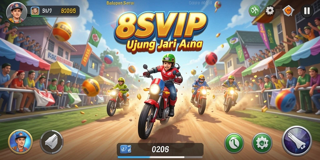 Screenshot gameplay 8SVIP menunjukkan balapan mendebarkan dengan mobil yang kencang.