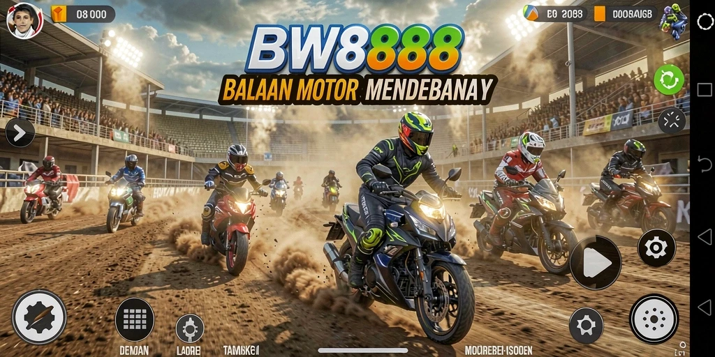 Screenshot gameplay BW888 menampilkan aksi balapan motor yang mendebarkan.