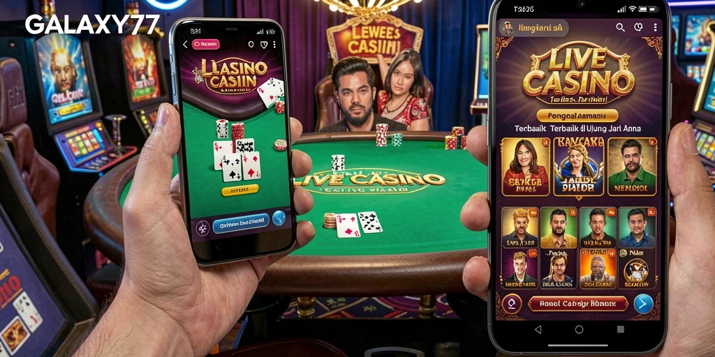 Screenshot gameplay GALAXY77 yang menampilkan dealer profesional dan suasana kasino.
