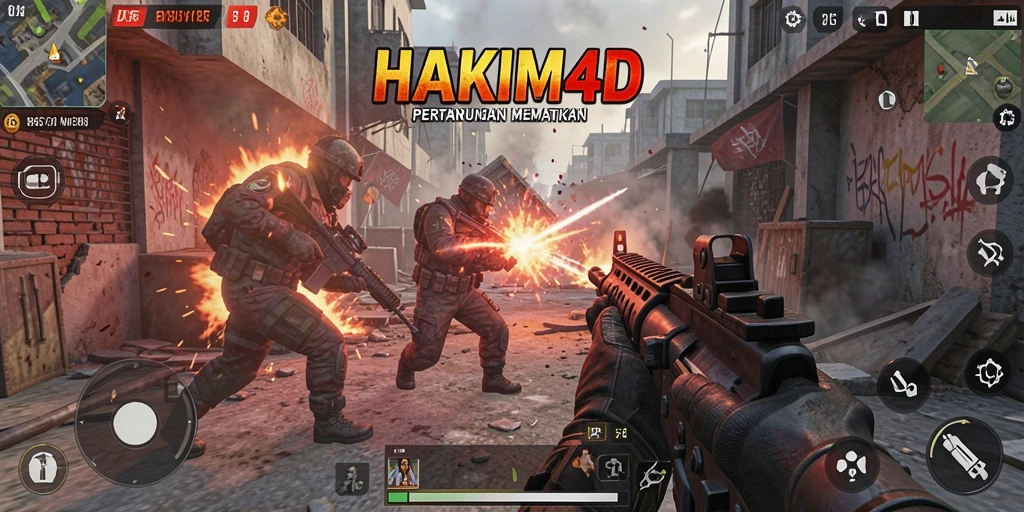 Screenshot utama HAKIM4D menampilkan pertarungan FPS yang mendebarkan.
