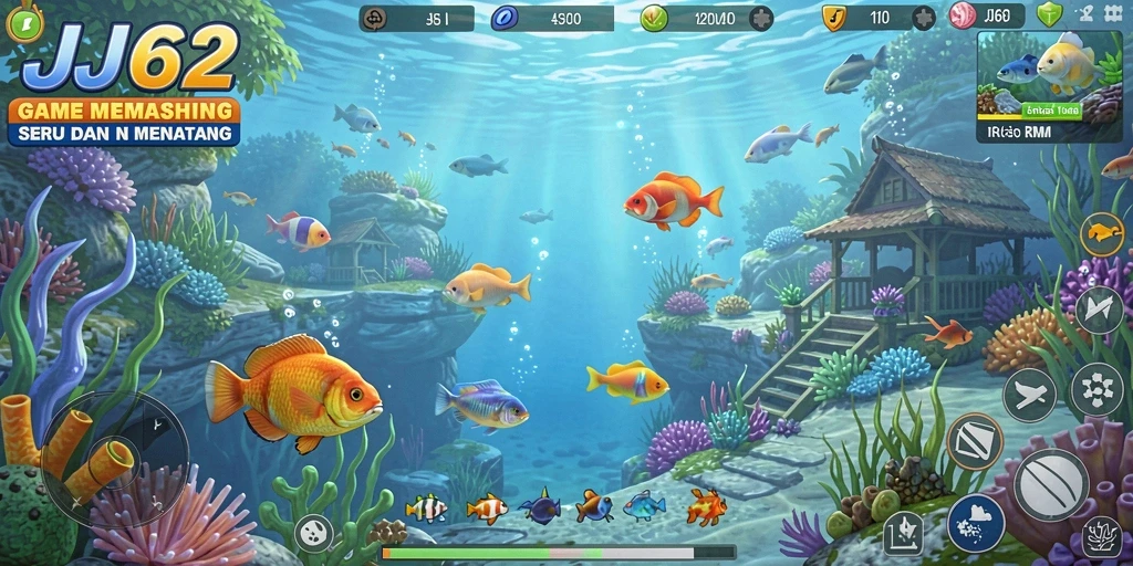 Screenshot gameplay JJ62 menunjukkan momen menangkap ikan besar di laut.