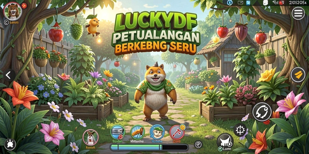 Screenshot gameplay LUCKYDF menampilkan kebun yang indah dan tanaman yang subur.