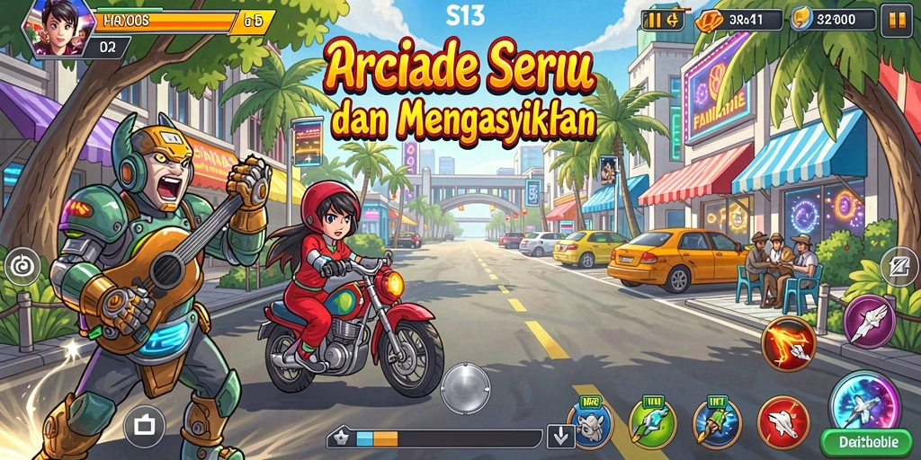 Screenshot S13 menampilkan gameplay Arcade yang penuh aksi dan tantangan seru.